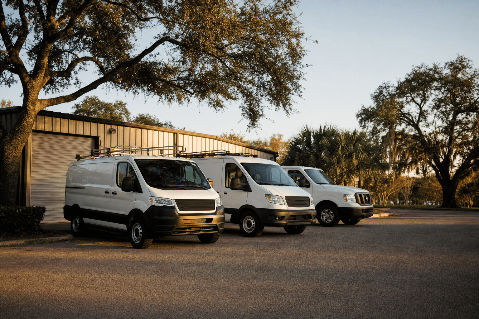 A Sun Belt residential-services shop yard at late afternoon — three white service vans parked, ready for the next call.